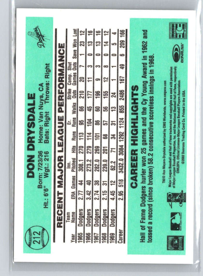 2002 Donruss Originals #212 Don Drysdale Aqueous V23