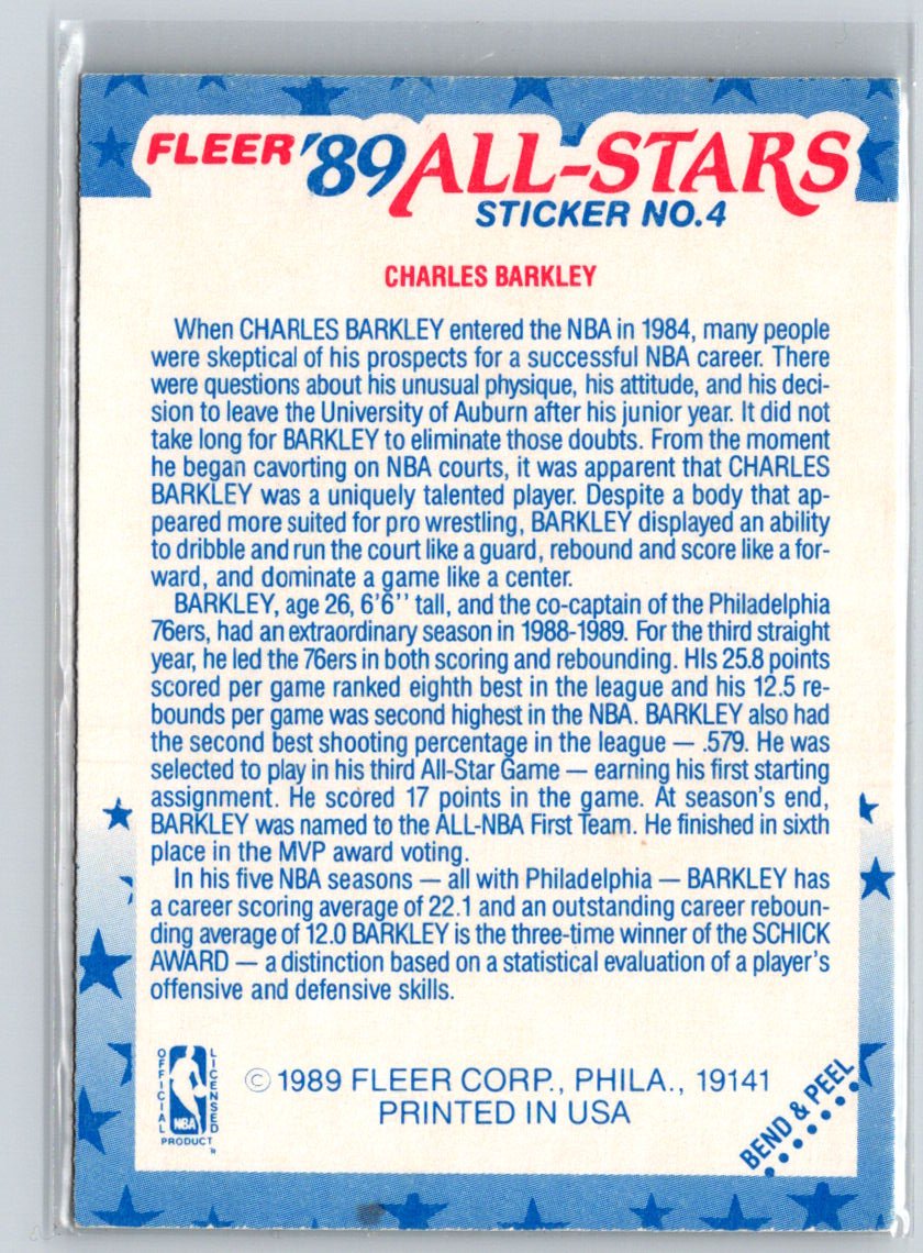 1989-90 Fleer #4 Charles Barkley Stickers V25