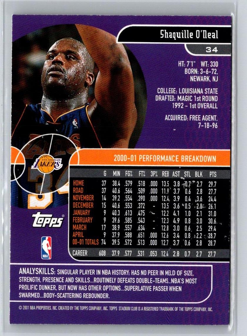 2001-02 Stadium Club #34 Shaquille O'Neal V36