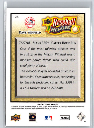 2008 Upper Deck Baseball Heroes #126 Dave Winfield V46