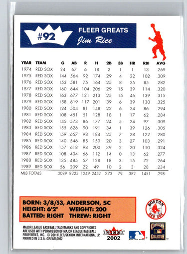 2002 Fleer Greats of the Game #92 Jim Rice V49