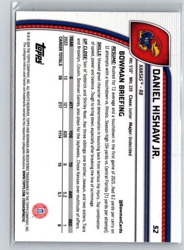 2024 Bowman University Chrome #52 Daniel Hishaw Jr. V58