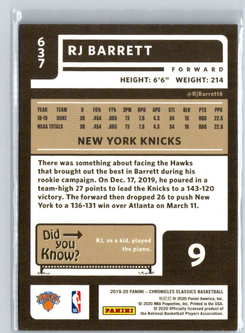 2019-20 Panini Chronicles #637 RJ Barrett V61