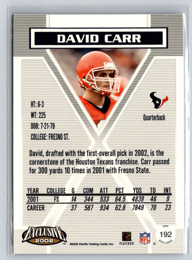 2002 Pacific Exclusive #192 David Carr Retail Unsigned Rookies V63
