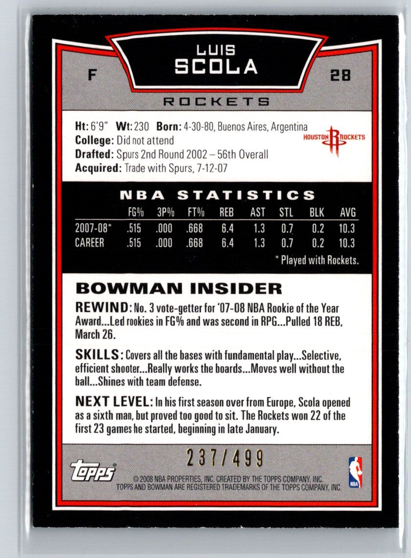 2008-09 Bowman #28 Luis Scola Blue #/499 V63