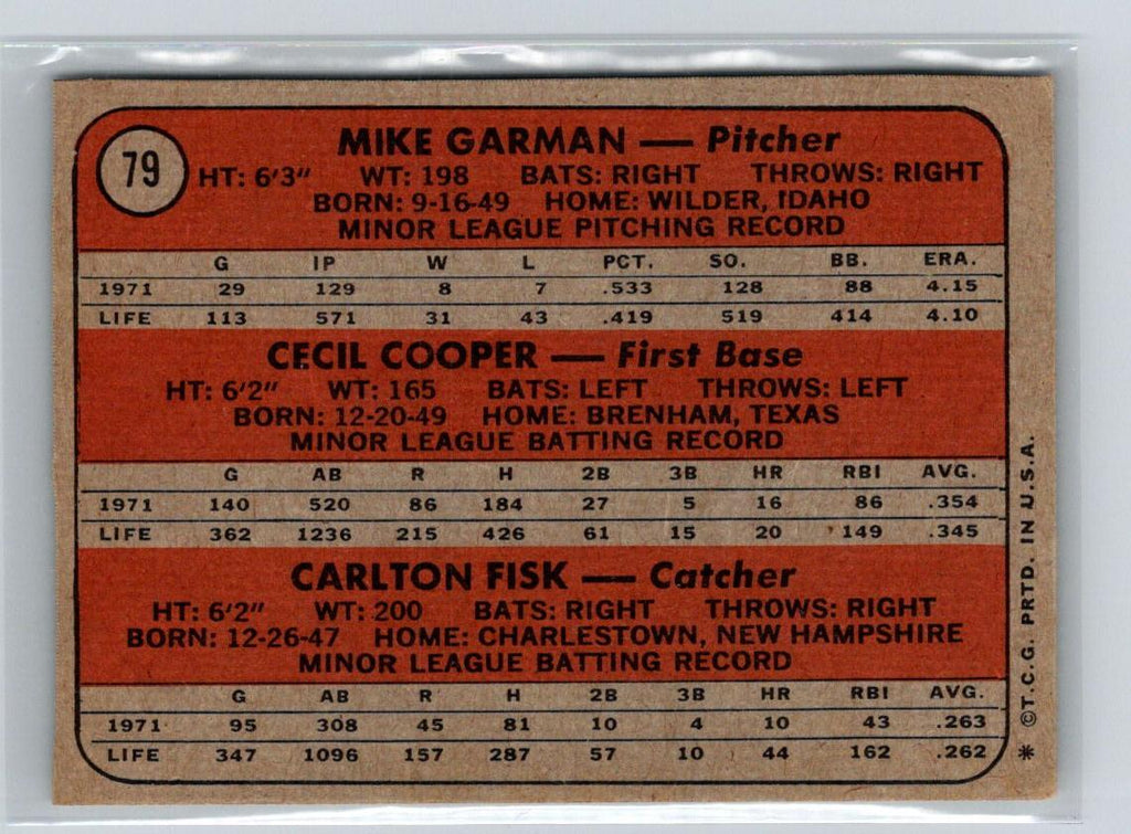 1972 Topps #79 Red Sox Rookie Stars Mike Garman Cecil Cooper Carlton Fisk V70