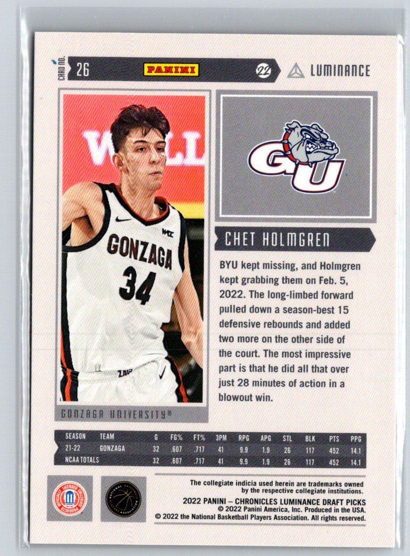2022 Panini Chronicles Draft Picks #26 Chet Holmgren Luminance Pink W19