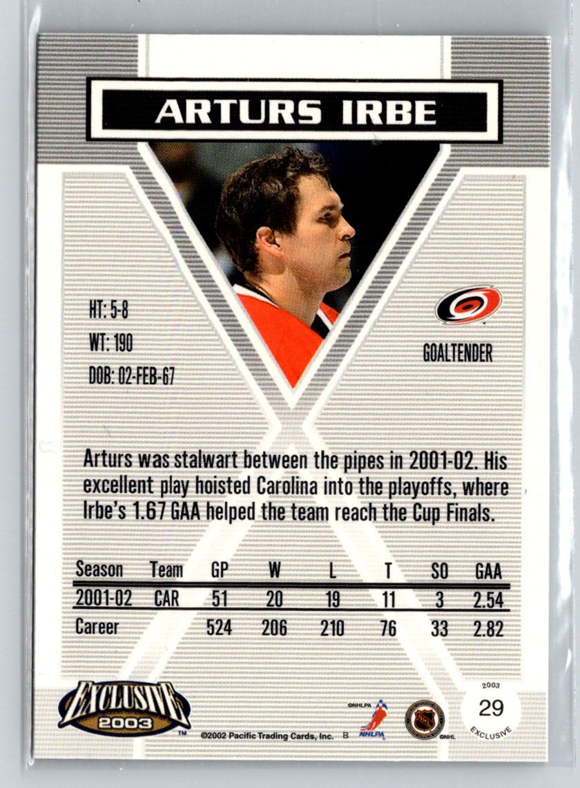 2002-03 Pacific Exclusive #29 Arturs Irbe W69