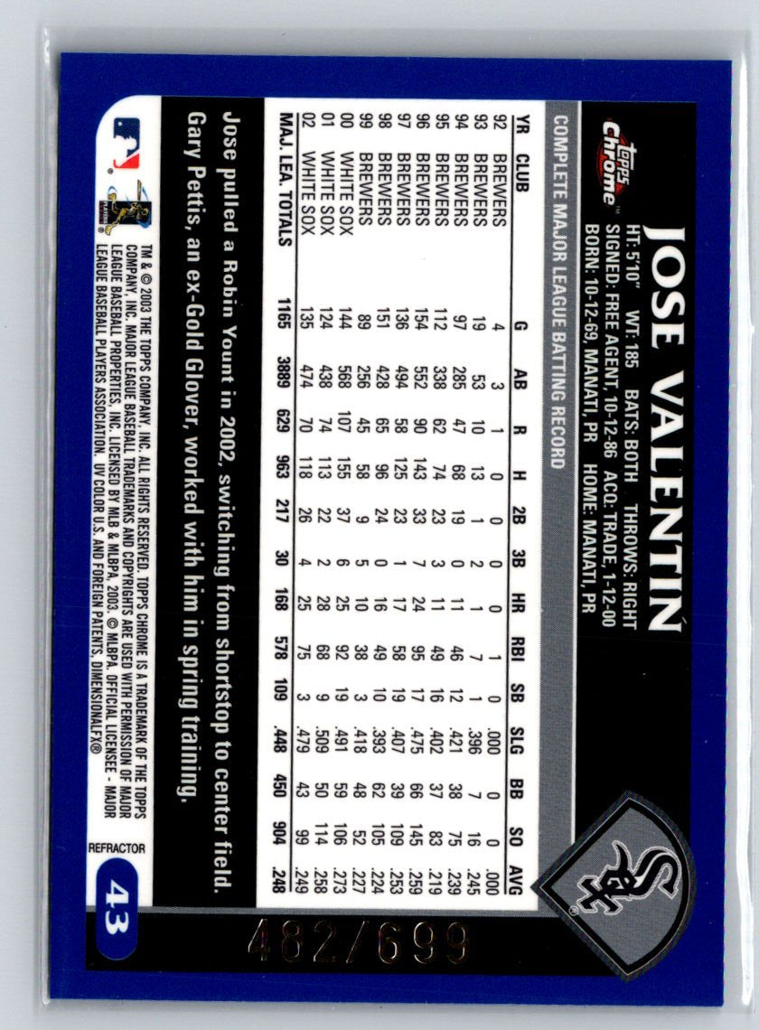 2003 Topps Chrome #43 Jose Valentin Refractors #/699 X03