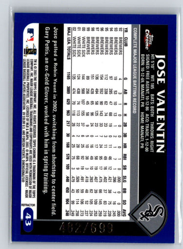 2003 Topps Chrome #43 Jose Valentin Refractors #/699 X03