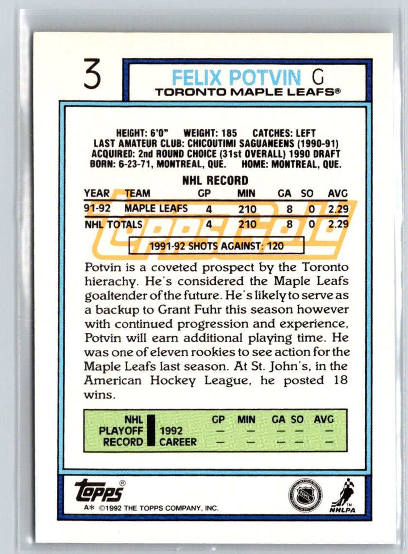 1992-93 Topps #3 Felix Potvin Gold X27