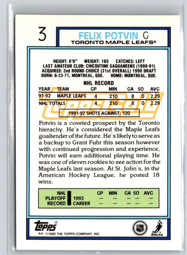 1992-93 Topps #3 Felix Potvin Gold X27