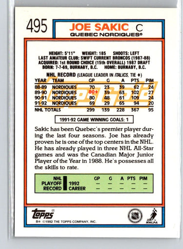 1992-93 Topps #495 Joe Sakic Gold X29