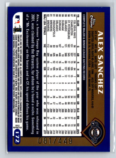 2003 Topps Chrome #172 Alex Sanchez Gold Refractors #/449 X33
