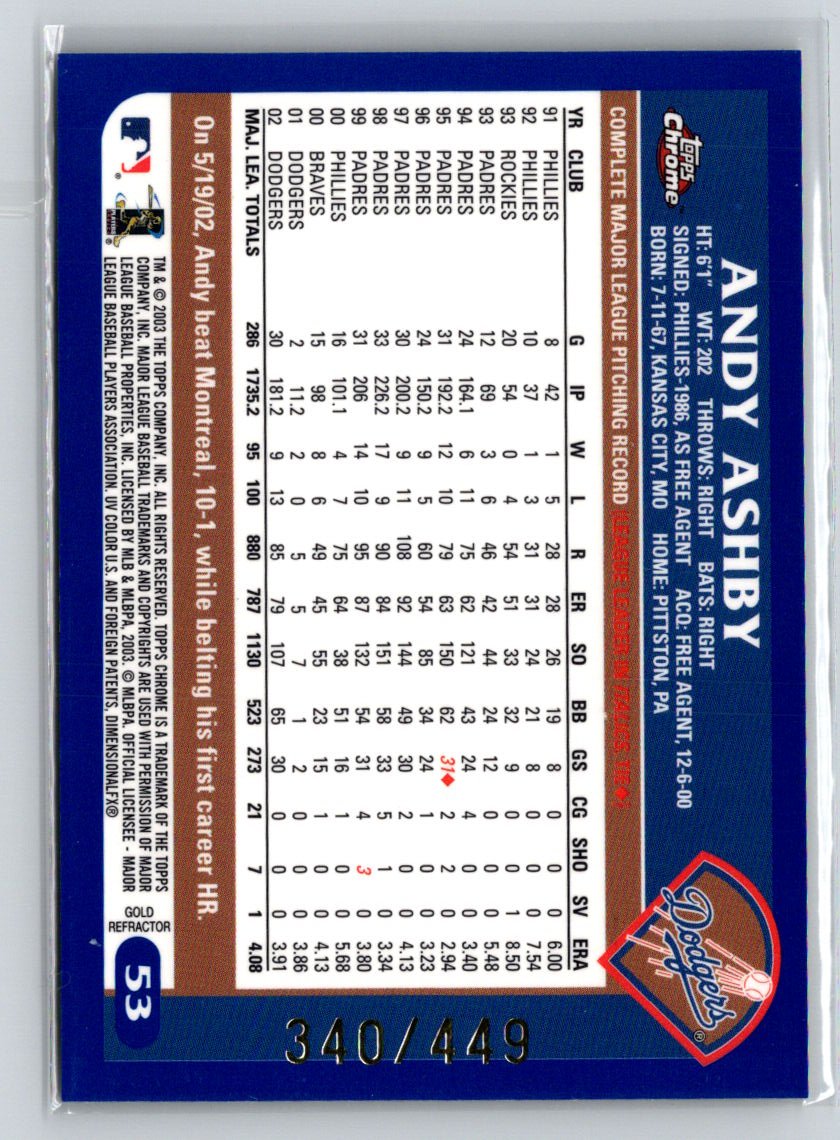 2003 Topps Chrome #53 Andy Ashby Gold Refractors #/449 X35