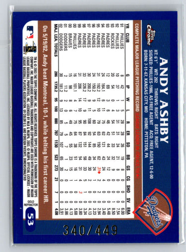 2003 Topps Chrome #53 Andy Ashby Gold Refractors #/449 X35