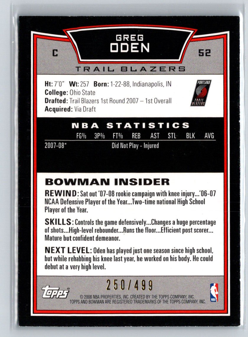 2008-09 Bowman #52 Greg Oden Blue #/499 X41