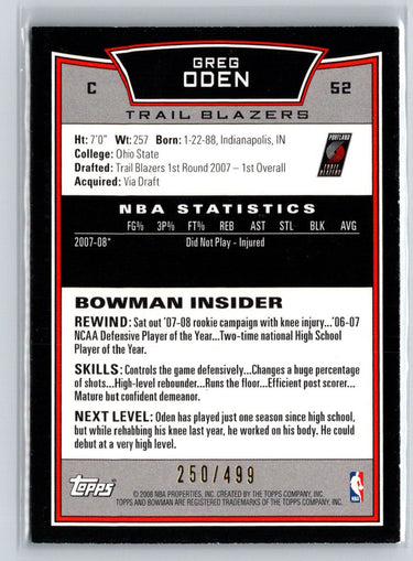 2008-09 Bowman #52 Greg Oden Blue #/499 X41
