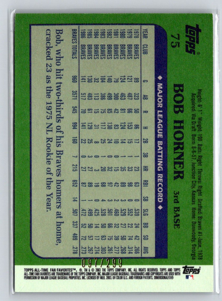 2003 Topps All-Time Fan Favorites #75 Bob Horner Refractors #/299 X48
