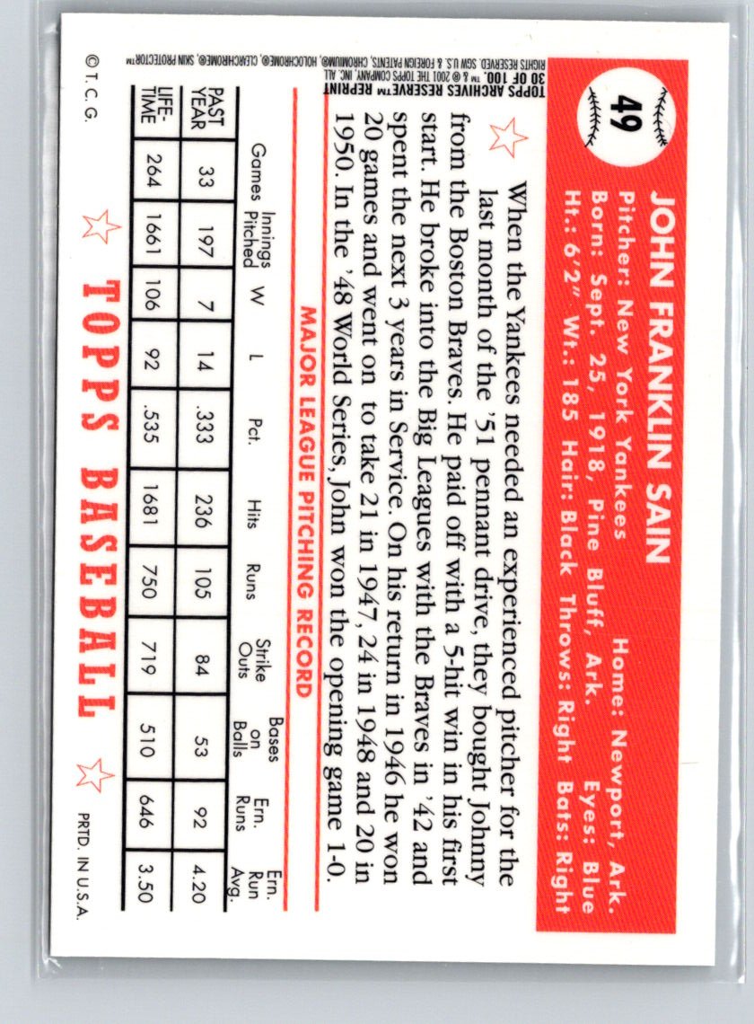 2001 Topps Archives Reserve #30 Johnny Sain X50