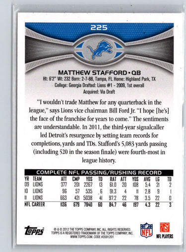 2012 Topps #225 Matthew Stafford X53