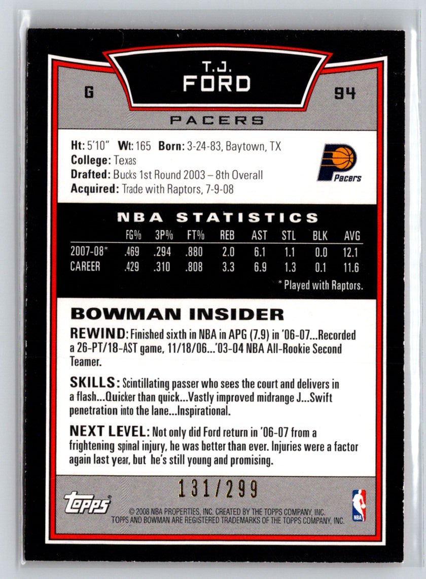 2008-09 Bowman #94 T.J. Ford Orange #/299 X54