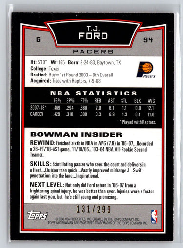 2008-09 Bowman #94 T.J. Ford Orange #/299 X54