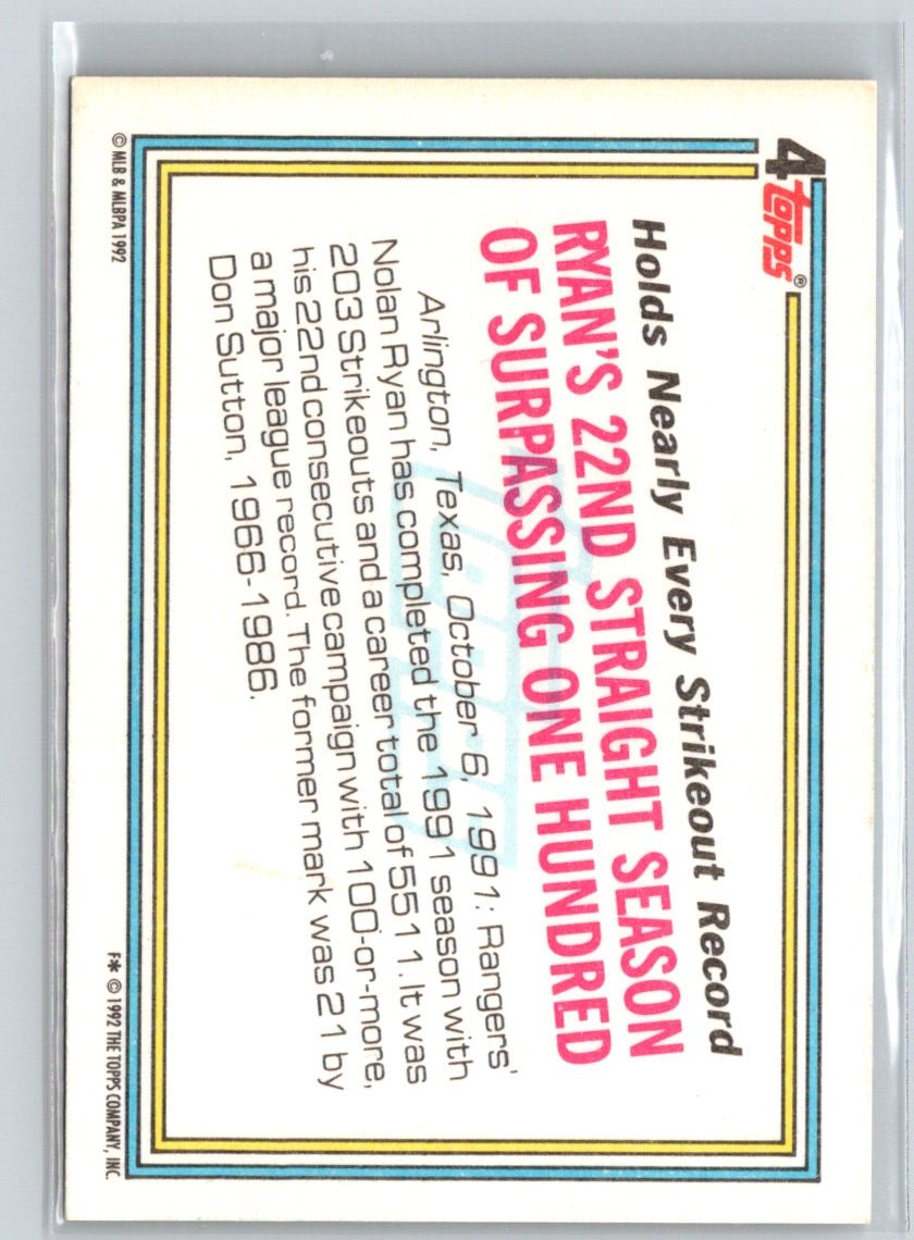 1992 Topps #4 Nolan Ryan : Small Topps Gold logo on back X59