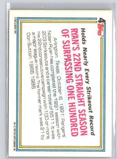 1992 Topps #4 Nolan Ryan : Small Topps Gold logo on back X59