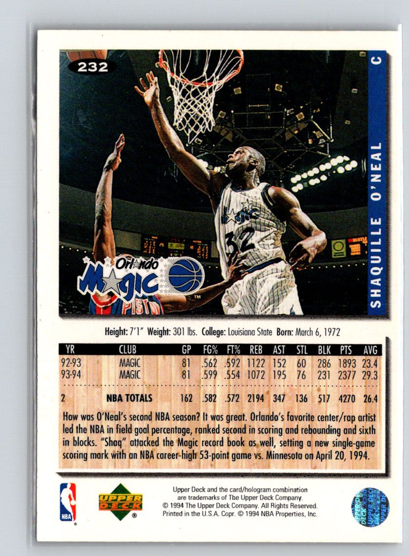 1994-95 Collector's Choice #232 Shaquille O'Neal Silver Signature X60