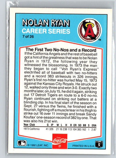1992 Donruss Coca-Cola Nolan Ryan #7 Nolan Ryan X64