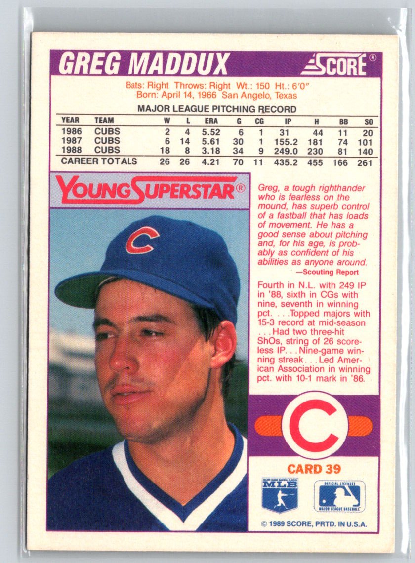 1989 Score #39 Greg Maddux Young Superstars 1 X66