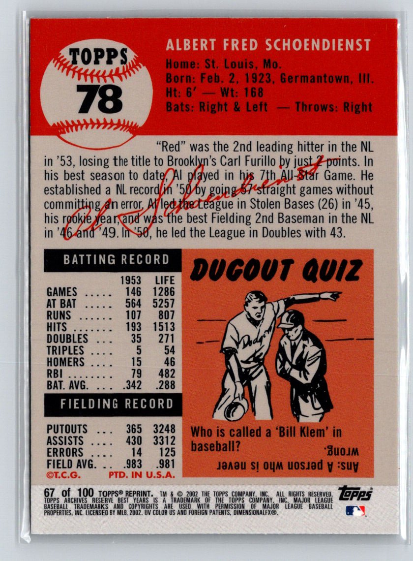 2002 Topps Archives Reserve #67 Al Schoendienst X70